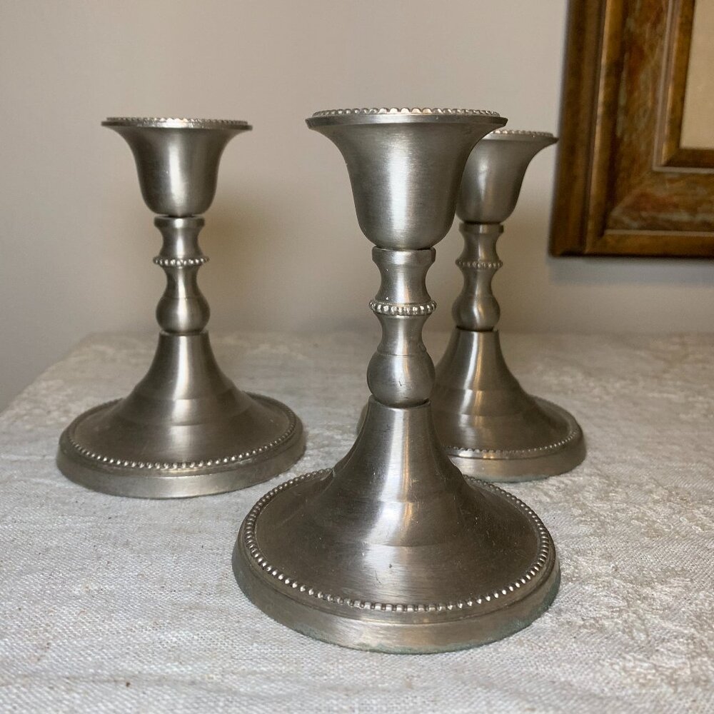 Colonial Taper Candlestick Holders with Beaded Roping Vintage Pewter Set of 3